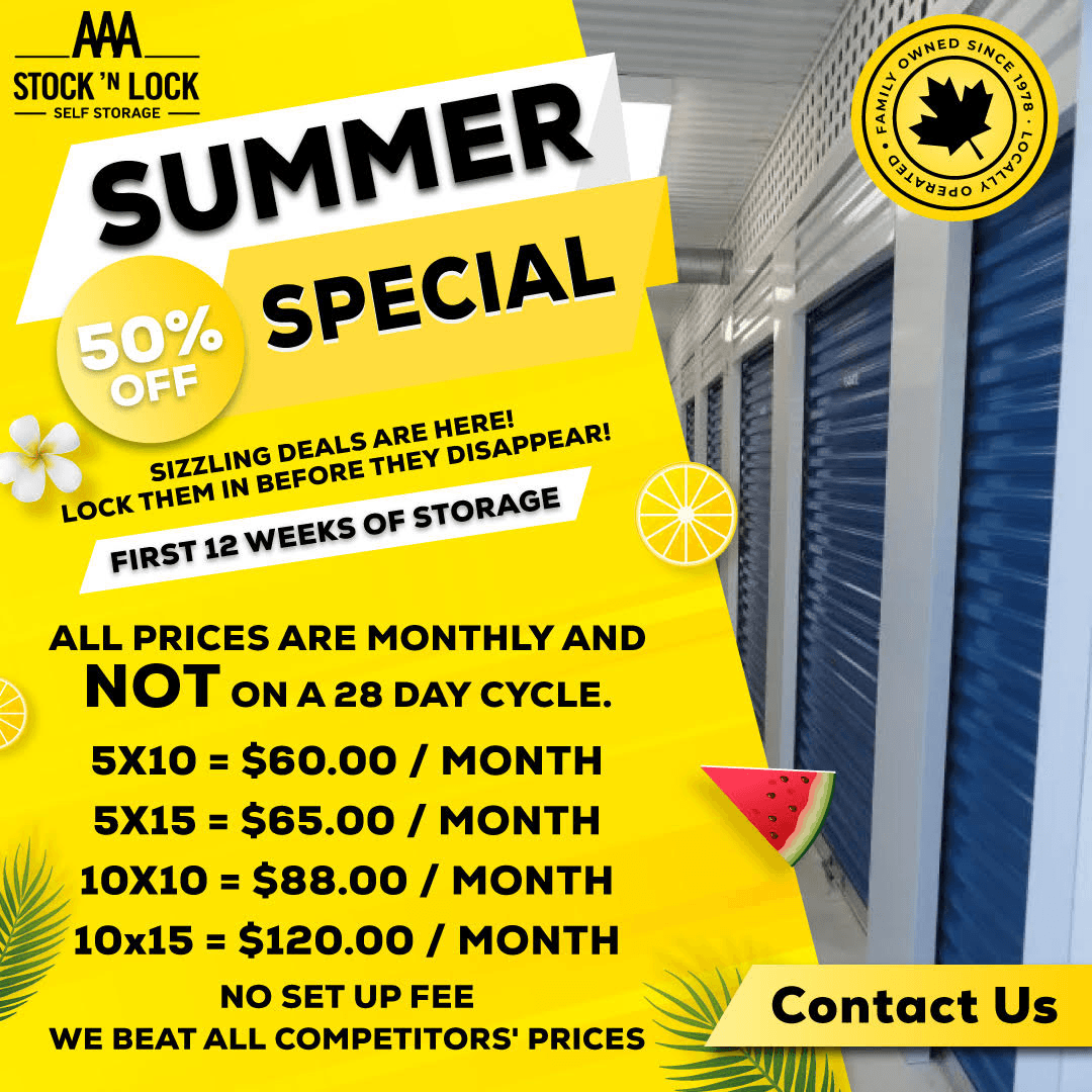 Sring Special<br />
50% Off<br />
Blooming Deals Are Here! Lock Them In Before They Disappear!<br />
First 12 Weeks Of Storage<br />
All Prices Are Monthly And Not On A 28 Day Cycle.<br />
5x10 = $60.00 / Month<br />
5x15 = $65.00 / Month<br />
10x10 = $88.00 / Month<br />
10x15 = $110.00 / Month<br />
No Set Up Fee<br />
We Beat All Competitors' Prices